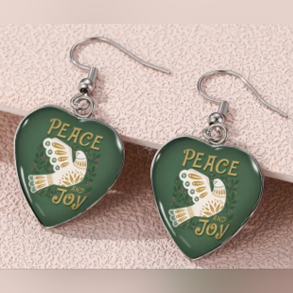NEW!Green Silver Peace and Joy Heart Festive Church‎ Summer Earrings-(#312)